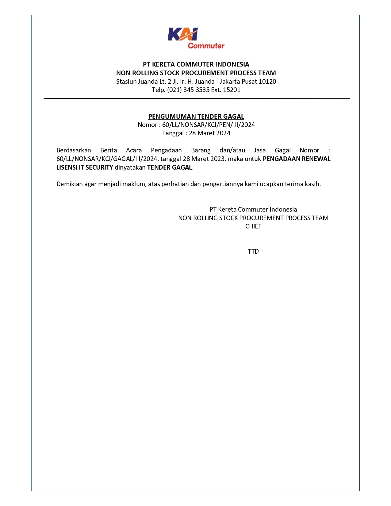 7 pengumuman tender gagal 60 pengadaan renewal lisensi it security